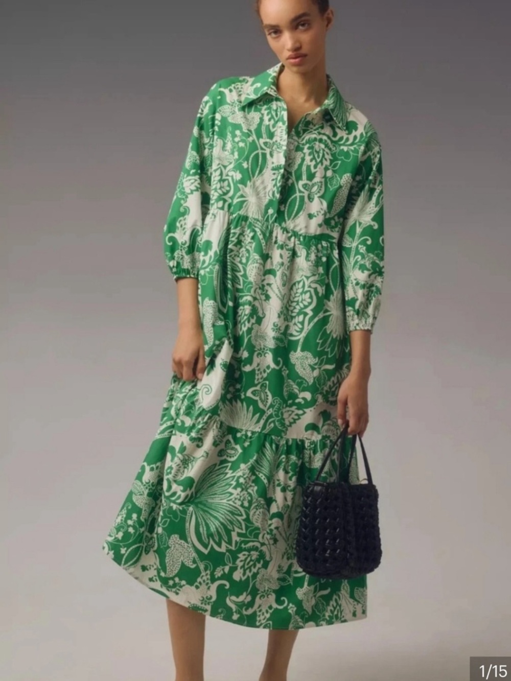 Anthropologie Maeve The Bettina Tiered Shirt Dress Green Floral Maxi S  Small